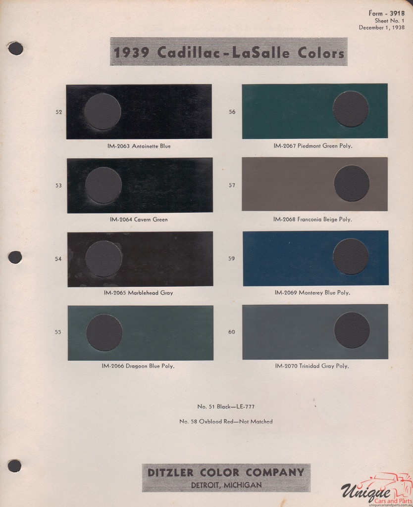 1939 Cadillac Paint Charts PPG 1